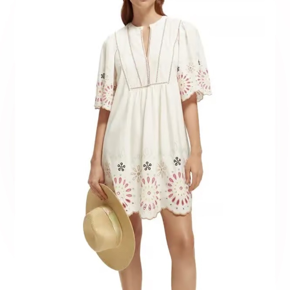 Scotch & Soda Off White Mini Dress with Pink Embroidery